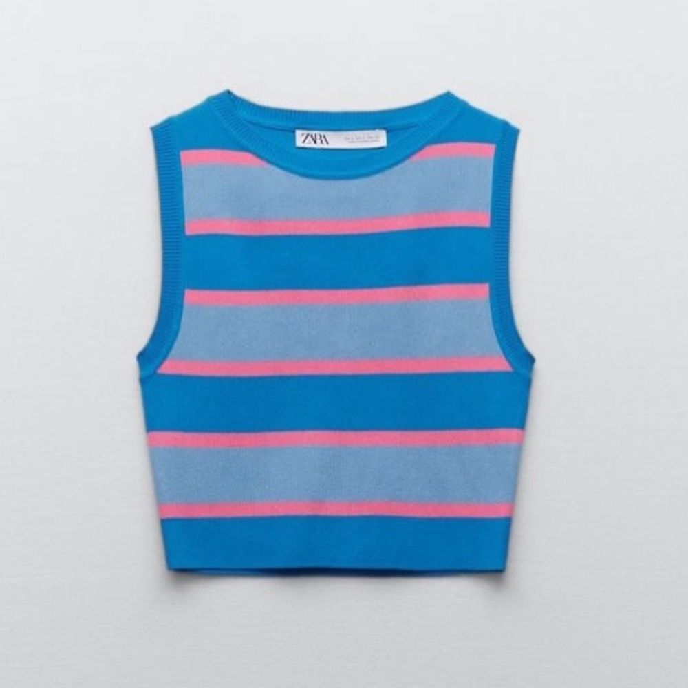 Zara Blue and Pink Striped Cropped Tank Top